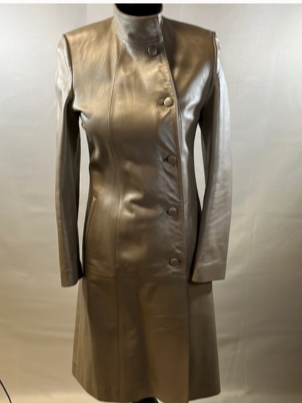 Womens Champagne colored Leather Long Button-Front Coat